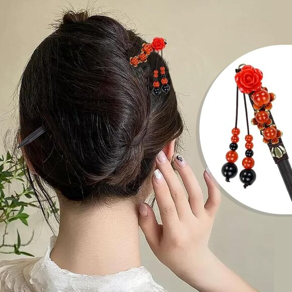 8pcs Wooden Hair Sticks Floral Bead Pendants Traditional Japanese Hair Accessori main image 7